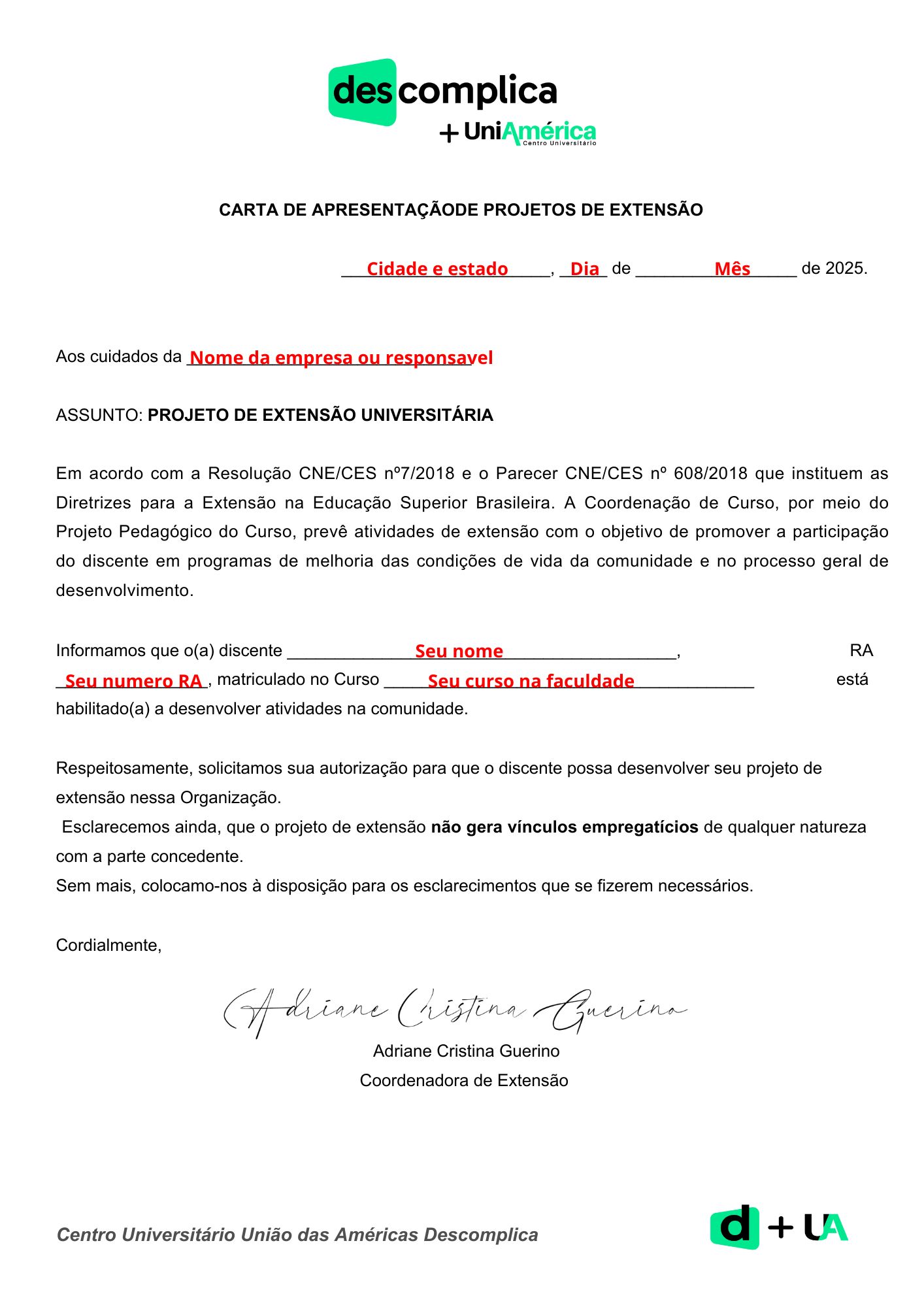 Exemplo de preenchimento da carta de apresentação da PEX