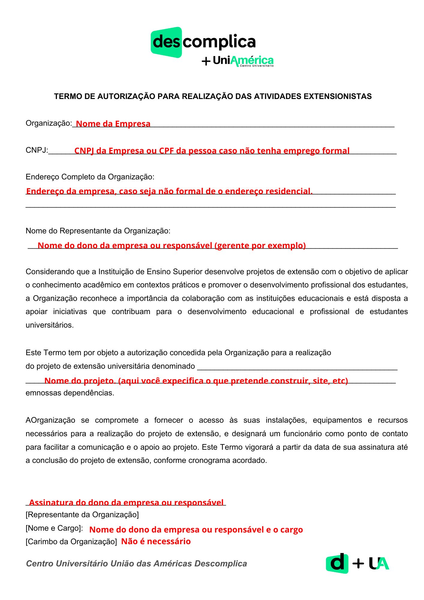 Exemplo de preenchimento da carta de altorização da PEX